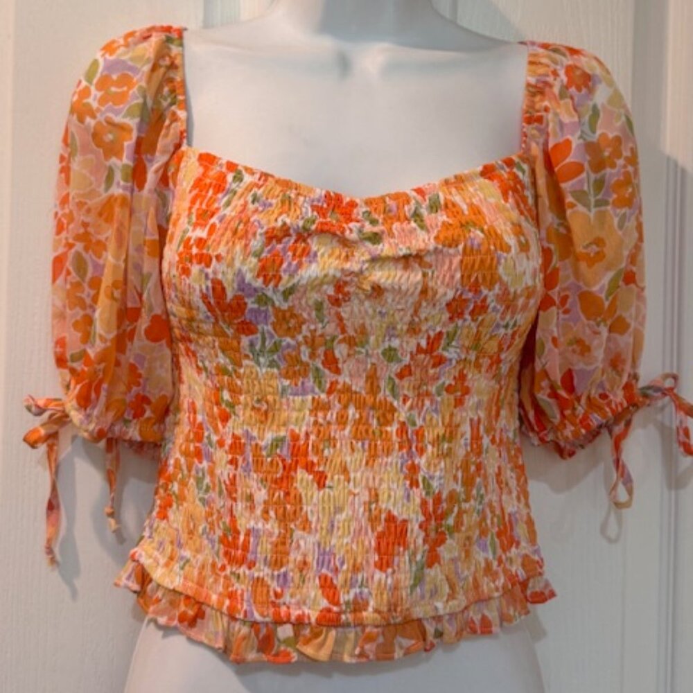 NWT Promesa Orange Floral Chiffon Peasant